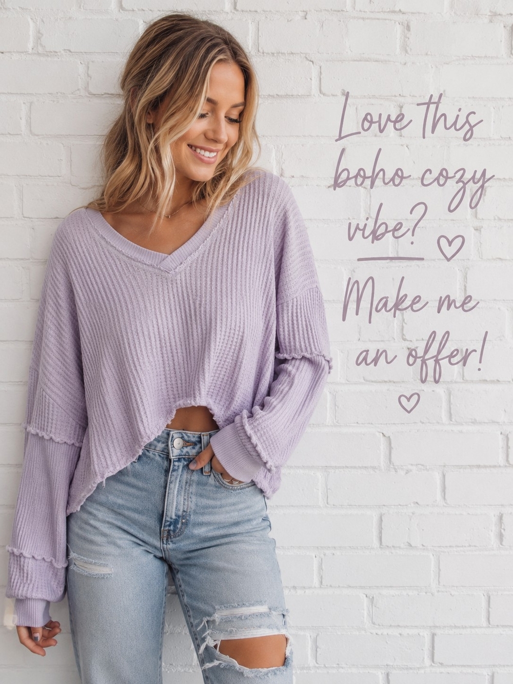 Altar'd State Lavender Waffle Knit Crop Sweater Oversized Boho Top S